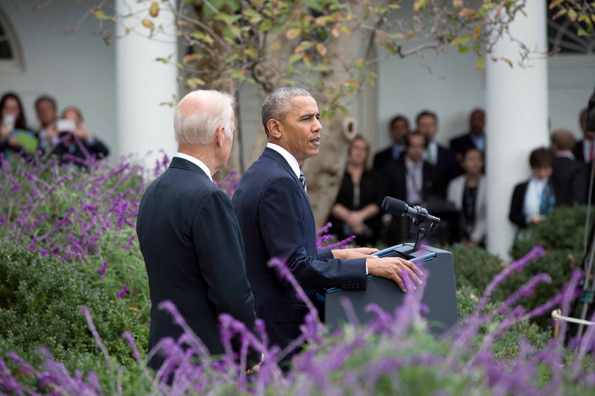 President Barack Obama, with Vice President Joe Biden, delivers a statement regarding the U.S. election results, in the Rose Garden of the White House, Nov. 9, 2016. (Official White House Photo by Pete Souza)